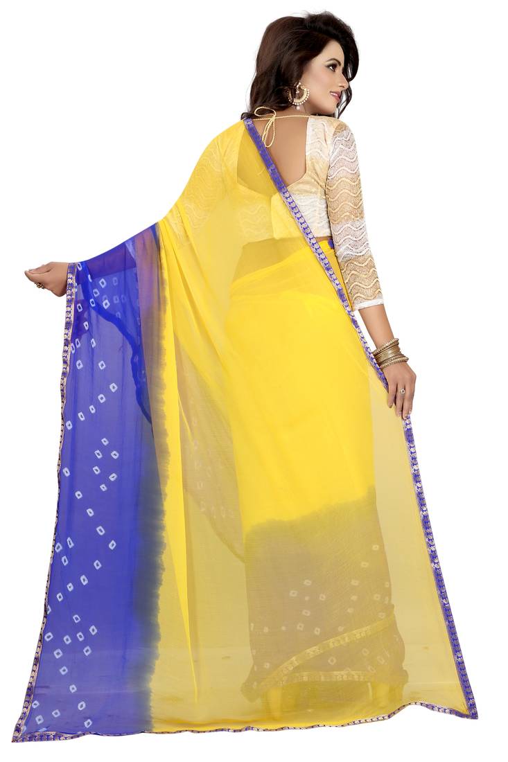 Women's Pure Chiffon Yellow Embellished Designer Saree With Blouse Piece