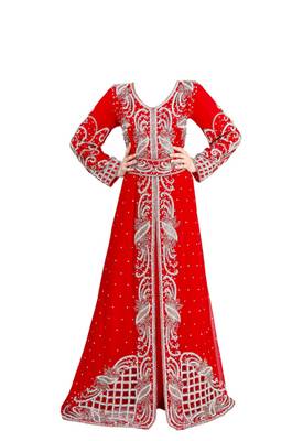 Red georgette islamic kaftan with zari and stone work 1