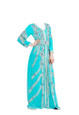 Turquoise georgette islamic kaftan with zari and stone work 1