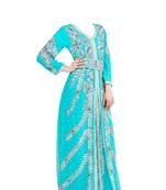 Turquoise georgette islamic kaftan with zari and stone work