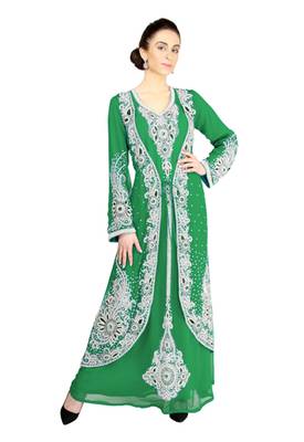 Green georgette islamic kaftan with zari and stone work 1
