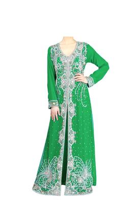 Green georgette islamic kaftan with zari and stone work 1