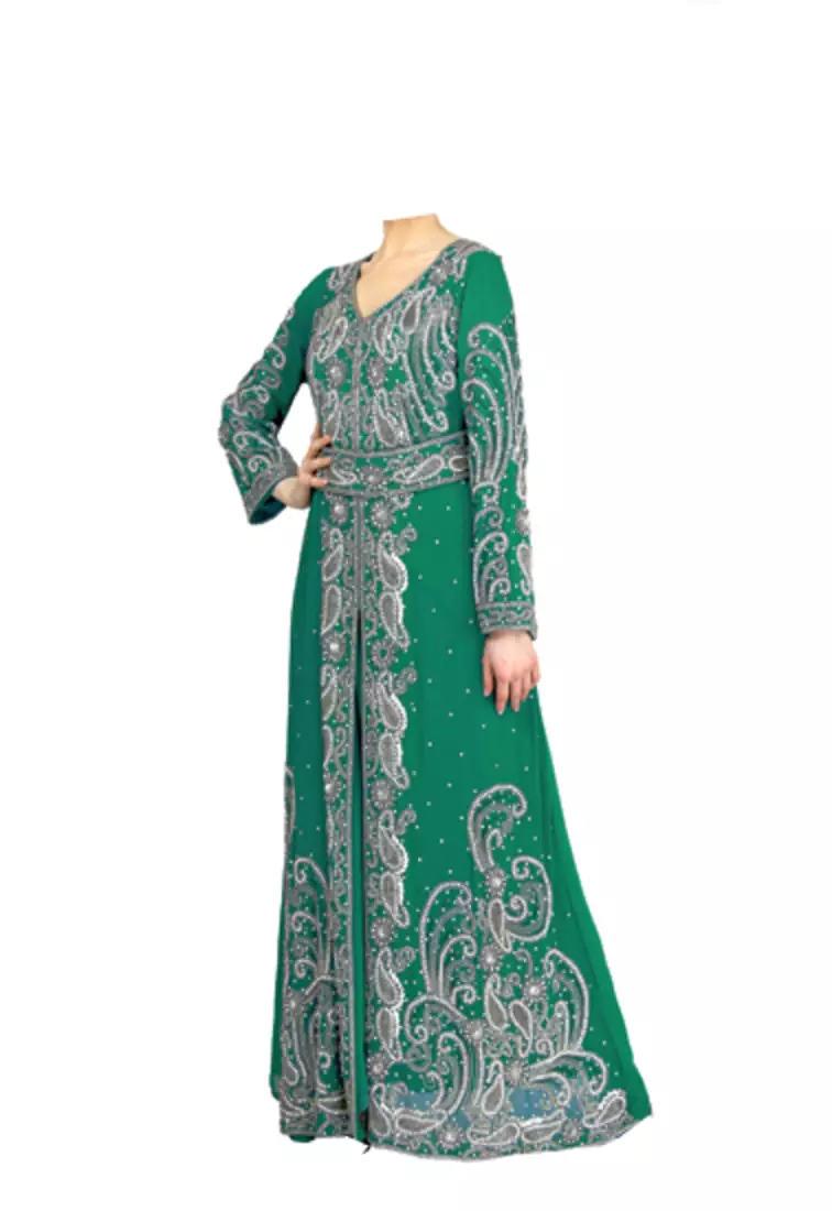 Green georgette islamic kaftan with zari and stone work