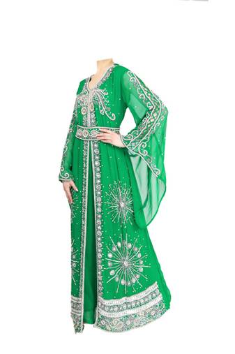 Green georgette islamic kaftan with zari and stone work