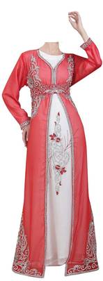 Red and white georgette islamic kaftan with zari and stone work 1