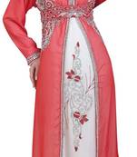 Red and white georgette islamic kaftan with zari and stone work