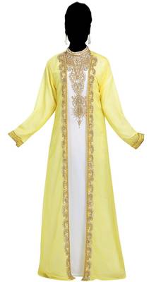 Yellow and white georgette islamic kaftan with zari and stone work 1