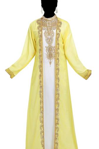 Yellow and white georgette islamic kaftan with zari and stone work