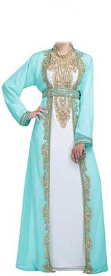 Sea green and white georgette islamic kaftan with zari and stone work 1