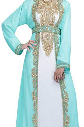 Sea green and white georgette islamic kaftan with zari and stone work