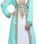 Sea green and white georgette islamic kaftan with zari and stone work