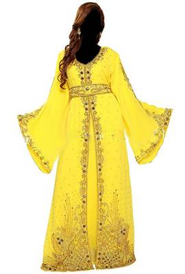 Yellow georgette islamic kaftan with zari and stone work 1