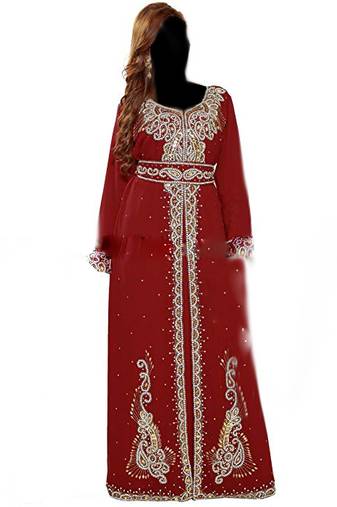 Maroon georgette islamic kaftan with zari and stone work