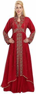 Red georgette islamic kaftan with zari and stone work 1