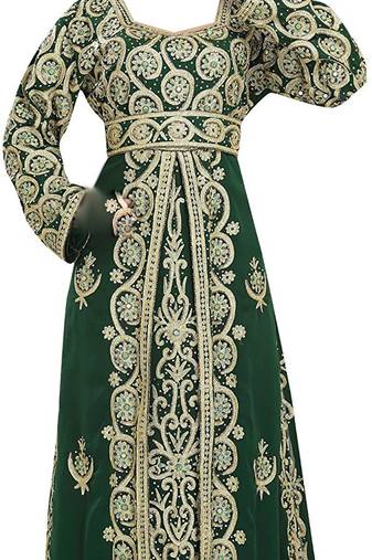 Green georgette islamic kaftan with zari and stone work