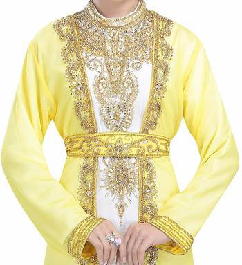 Yellow and white georgette islamic kaftan with zari and stone work 1