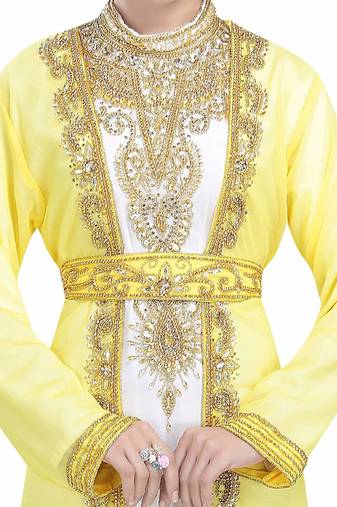 Yellow and white georgette islamic kaftan with zari and stone work