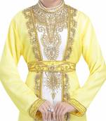 Yellow and white georgette islamic kaftan with zari and stone work