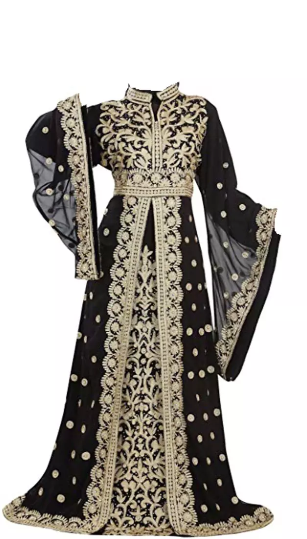 Black georgette islamic kaftan with zari and stone work