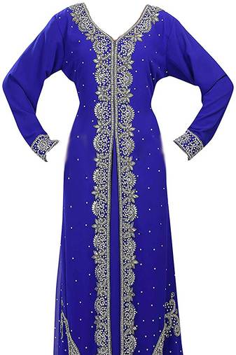 Royal blue georgette islamic kaftan with zari and stone work