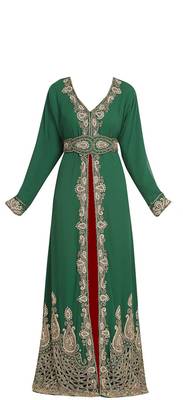 Maroon and green georgette islamic kaftan with zari and stone work 1