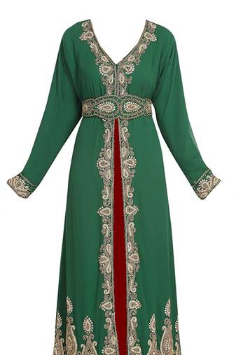 Maroon and green georgette islamic kaftan with zari and stone work
