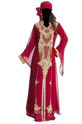 Caroot red georgette islamic kaftan with zari and stone work 1