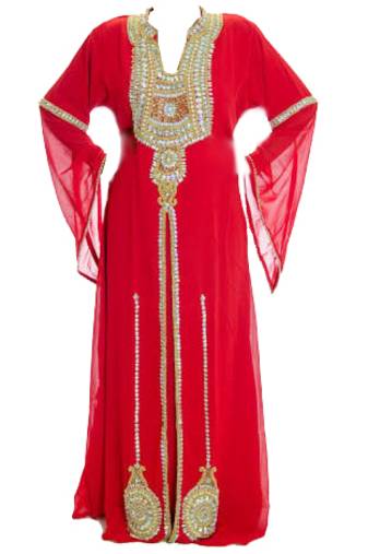 Red georgette islamic kaftan with zari and stone work