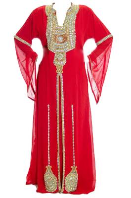 Red georgette islamic kaftan with zari and stone work 1