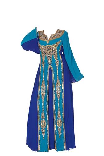 Blue georgette islamic kaftan with zari and stone work