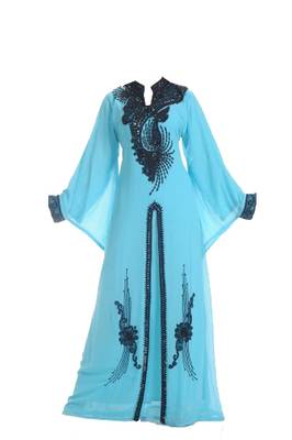 Sea green georgette islamic kaftan with zari and stone work 1