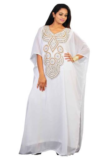 Off White georgette embroidery stitched islamic kaftans