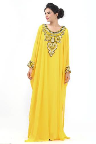 Yellow georgette embriodery stitched islamic kaftans