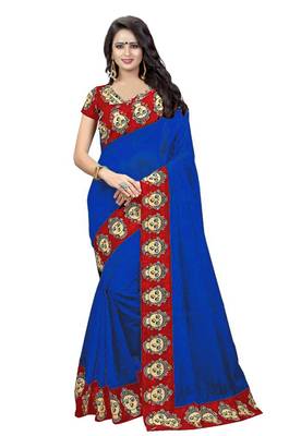Blue Plain Chanderi Saree With Blouse 1
