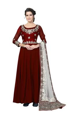 Maroon embroidered faux georgette semi stitched salwar with dupatta 1