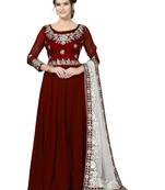 Maroon embroidered faux georgette semi stitched salwar with dupatta