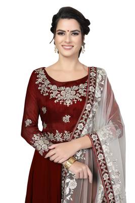 Maroon embroidered faux georgette semi stitched salwar with dupatta 2