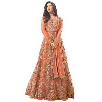 Orange embroidered net Anarkali Suit 1