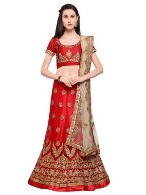 Red Embroidered Net Semi Stitched Lehenga With Dupatta 1