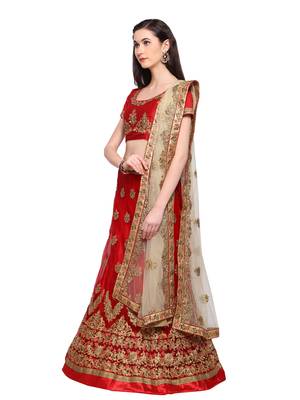 Red Embroidered Net Semi Stitched Lehenga With Dupatta 2