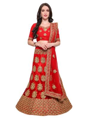 Red Embroidered Net Semi Stitched Lehenga With Dupatta 1