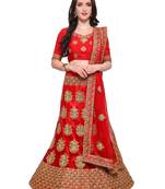 Red Embroidered Net Semi Stitched Lehenga With Dupatta