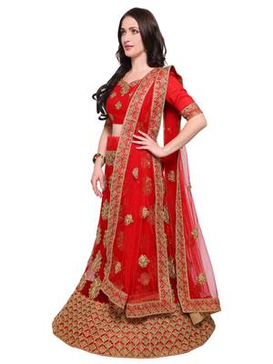 Red Embroidered Net Semi Stitched Lehenga With Dupatta 2