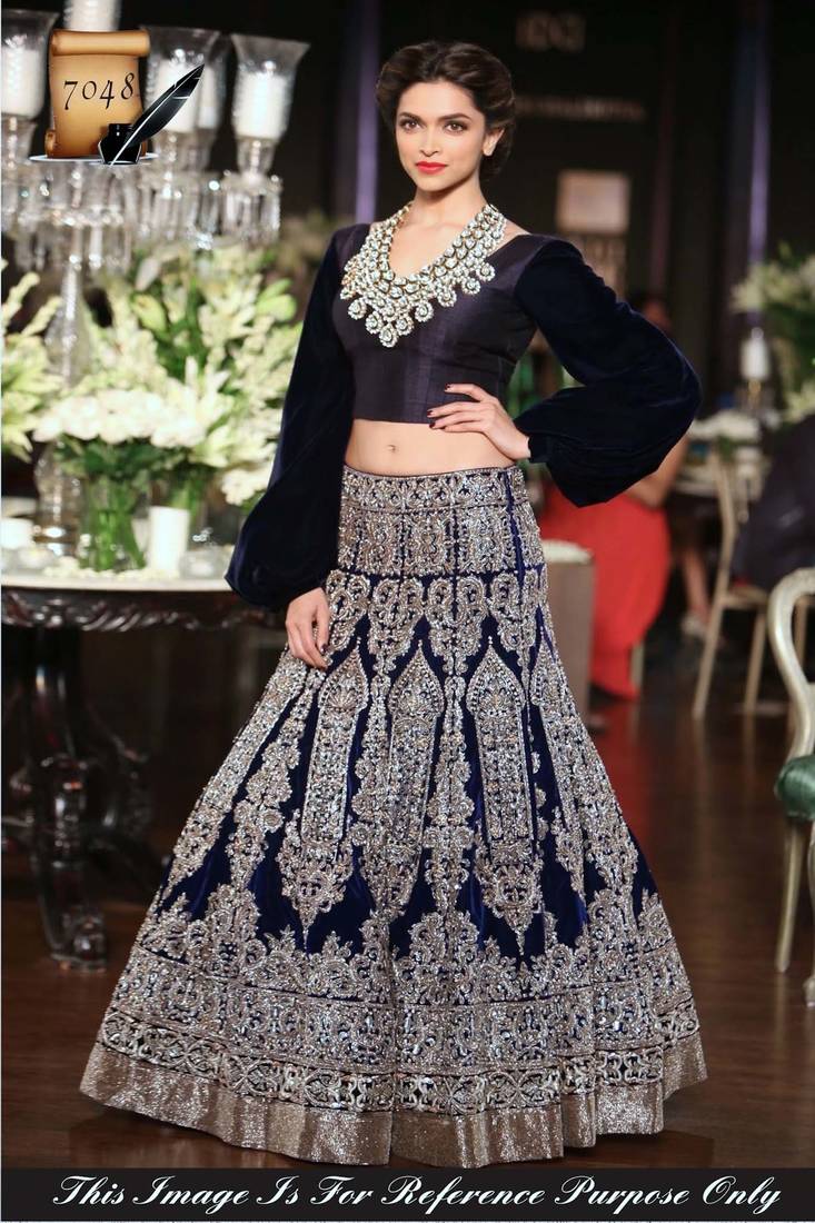 royal-blue embroidered velvet unstitched lehenga with dupatta