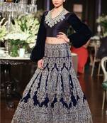 royal-blue embroidered velvet unstitched lehenga with dupatta