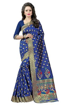 Navy Blue Woven Saree With Blouse 1
