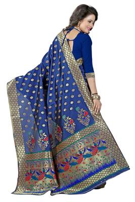 Navy Blue Woven Saree With Blouse 2