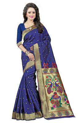 Navy Blue Woven Saree With Blouse 1
