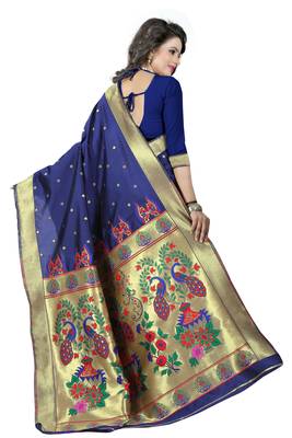 Navy Blue Woven Saree With Blouse 2