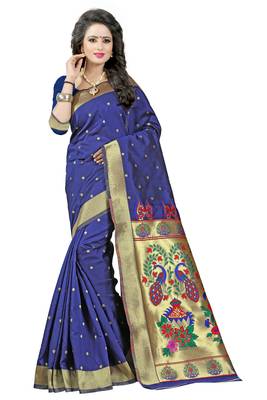 Navy Blue Woven Saree With Blouse 3